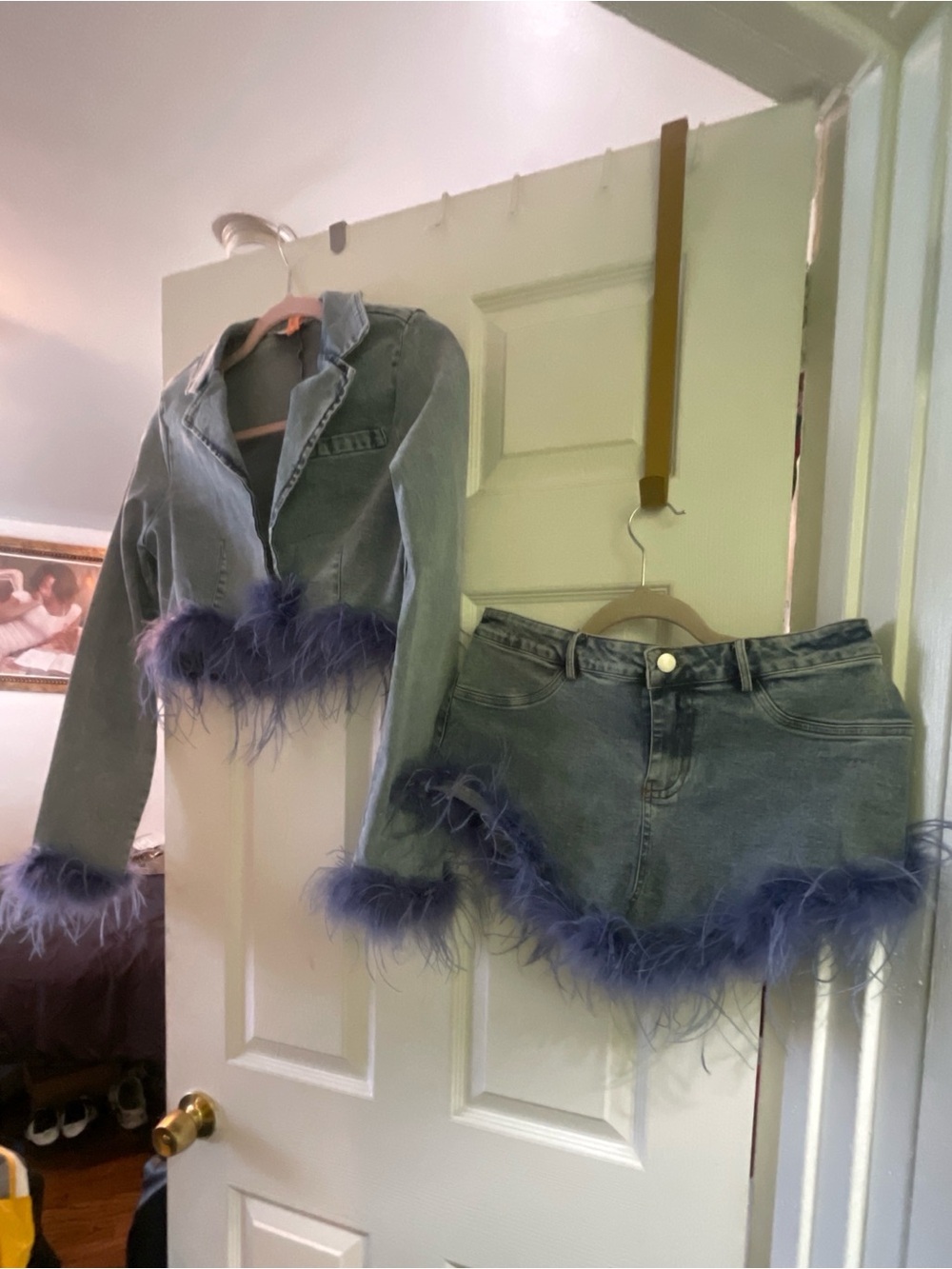 Melrose With Love Blue Denim Feather Trim Jacket & Shorts Set - Size M